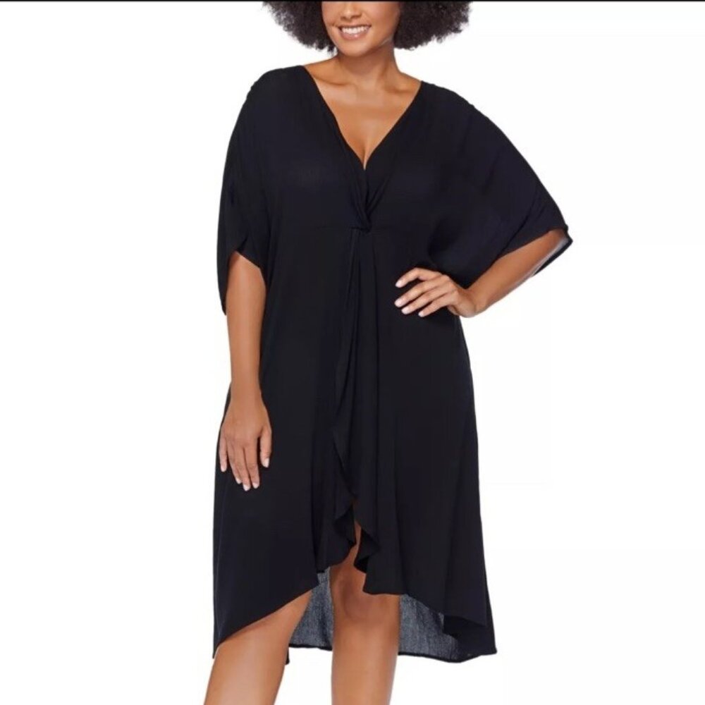 Raisins Curve Plus Size Solid Paraiso Twist-Front Dress Beach Cover-Up 2X Sheer
